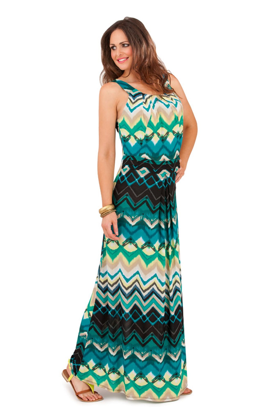 Womens Striped Zig Zag Strappy Maxi Full Length Summer Dress Ladies
